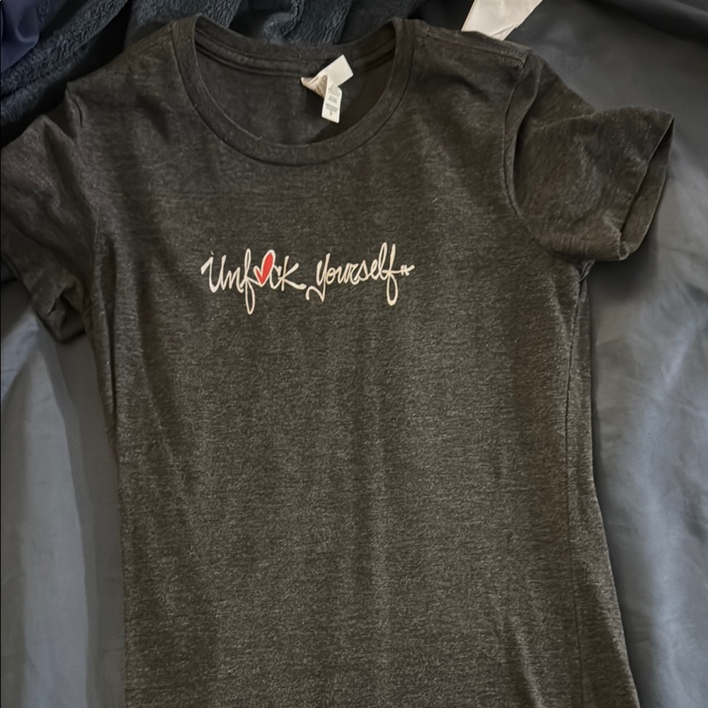Gray Graphic T-Shirt with Red and White Text